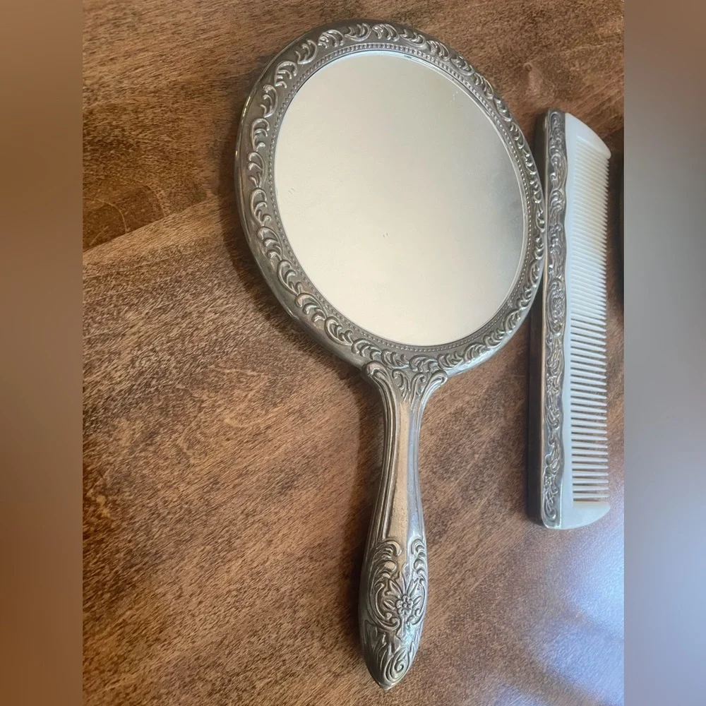 Vintage Art Deco Silver Plate Vanity Set w/Hand Mirror, Comb, and Handled Brush